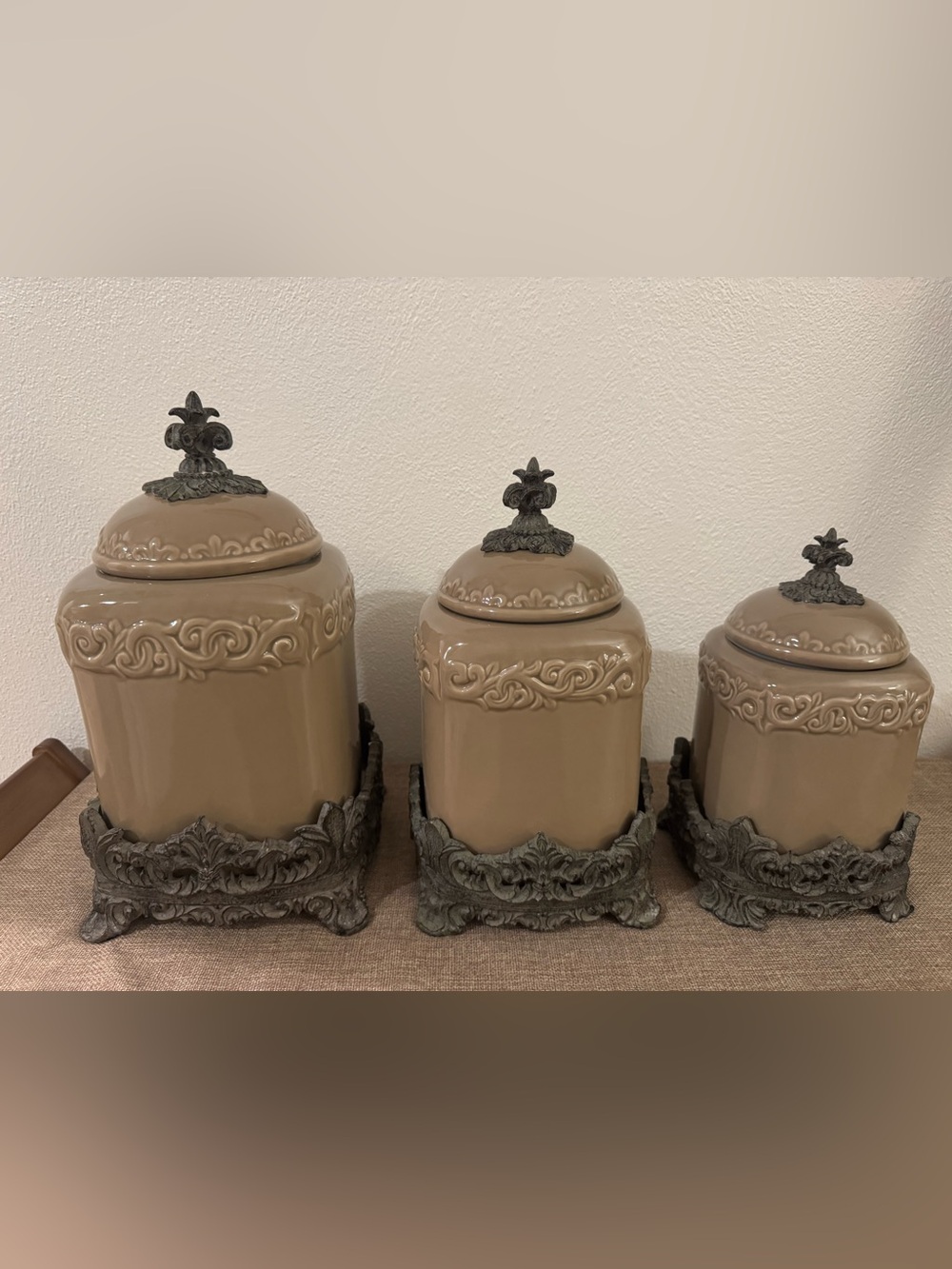 Drake Design Fleur De Lis Tall Tuscan Scroll Canister Set Taupe
